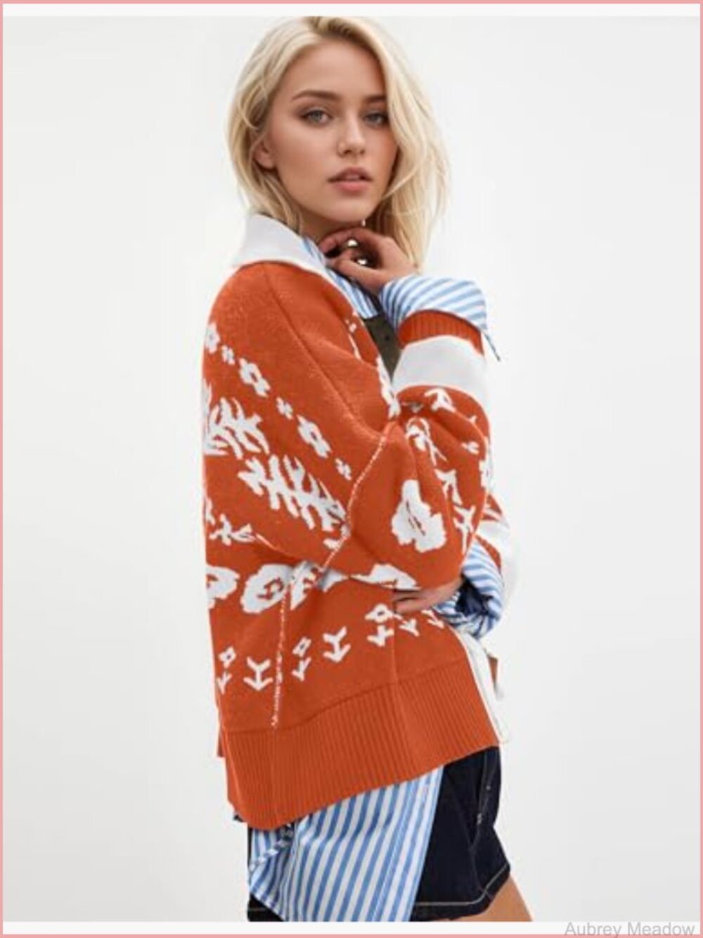 Floral Print Button Down Cardigan Sweater Long Sleeve V Neck Crop Top - Picture 2 of 7